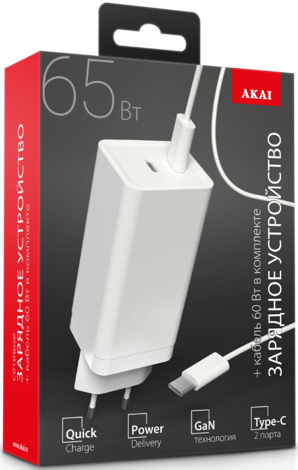 СЗУ Akai CH-6A29W 2 x USB Type-С 65W + кабель Type-C - Type-C 60W Белое СЗУ Akai CH-6A29W 2 x USB Type-С 65W + кабель Type-C - Type-C 60W Белое
