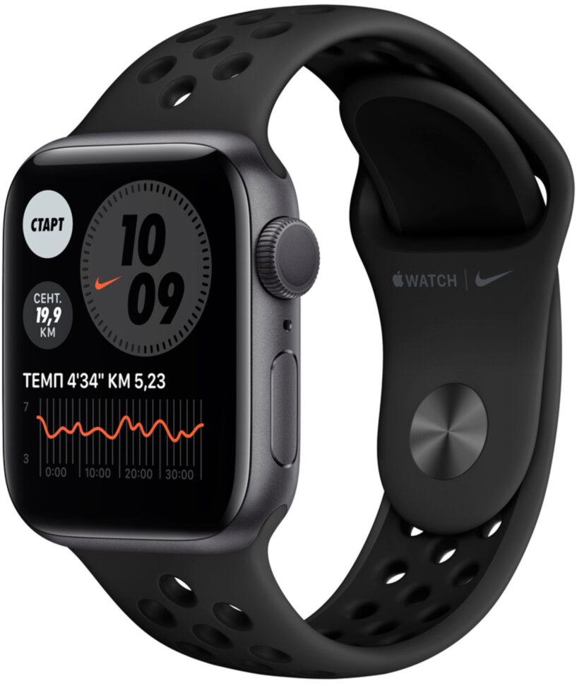 Часы Apple Watch Nike Series 6 GPS 40мм корпус из алюминия серый космос + ремешок черный (M00X3RU/A)