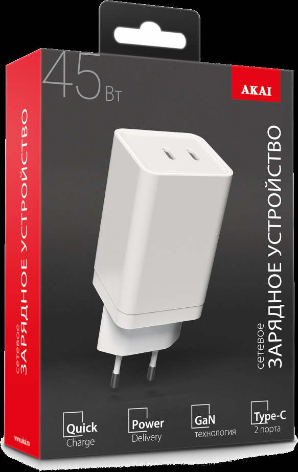 СЗУ Akai CH-6A30 2 x Type-C PD GAN 45W Белое СЗУ Akai CH-6A30 2 x Type-C PD GAN 45W Белое