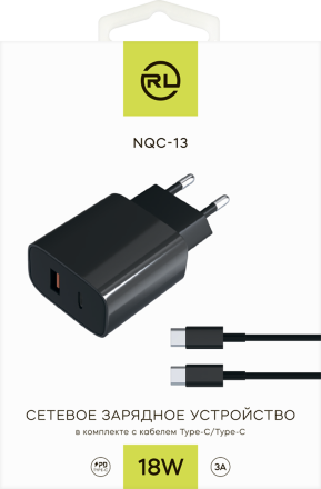 СЗУ RedLine NQC-13 USB-A-USB-C 3A + дата-кабель Type-C-Type-C PD 18W Черное