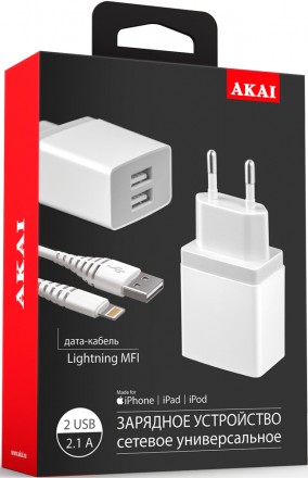 СЗУ Akai CH-6A06 2USB + дата-кабель Lightning MFI 2.1А White