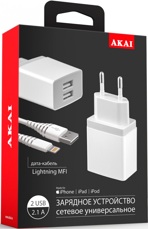 СЗУ Akai CH-6A06 2USB + дата-кабель Lightning MFI 2.1А White СЗУ Akai CH-6A06 2USB + дата-кабель Lightning MFI 2.1А White