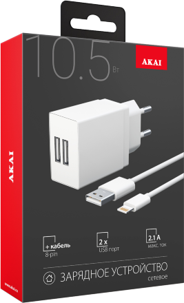 СЗУ Akai CH-6A18 универсальное 2 USB + дата-кабель 8-PIN 2.1A Белое