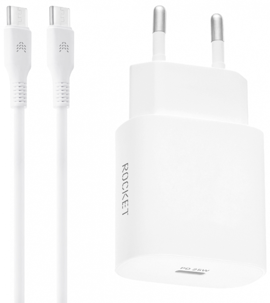 СЗУ Rocket Step Combo USB-C 25W+USB-C-USB-C Белое СЗУ Rocket Step Combo USB-C 25W+USB-C-USB-C Белое