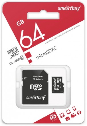 Карта памяти MicroSDHC Smartbuy 64GB Class10 с адаптером Black