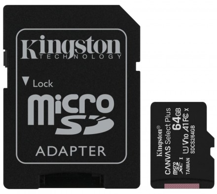 Карта памяти MicroSD Kingston Canvas Select Plus 64Gb Сlass 10 UHS-I A1 с адаптером Black (SDCS2/64GB)