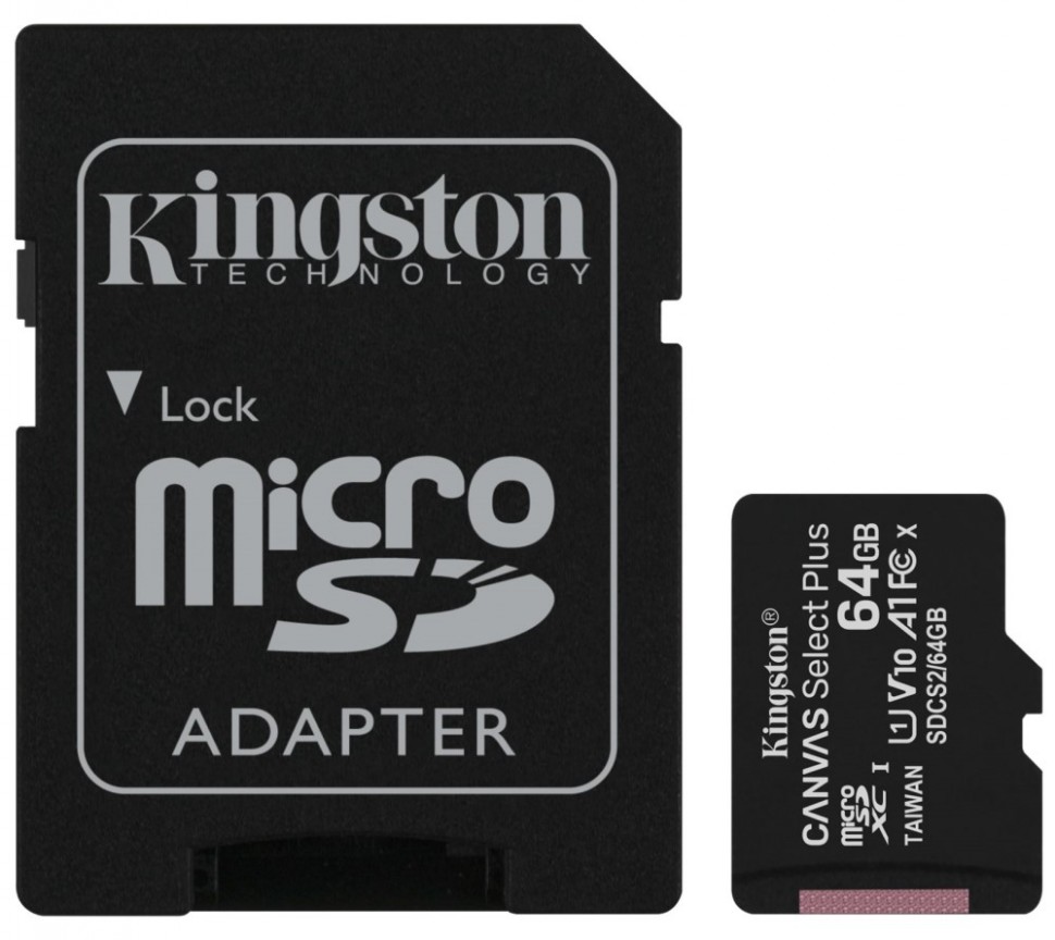 Карта памяти MicroSD Kingston Canvas Select Plus 64Gb Сlass 10 UHS-I A1 с адаптером Black (SDCS2/64GB)