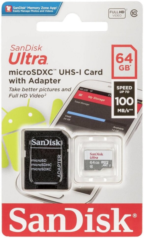 Карта памяти MicroSD SanDisk Ultra 64GB Class 10 с адаптером Grey/White Карта памяти MicroSD SanDisk Ultra 64GB Class 10 с адаптером Grey/White