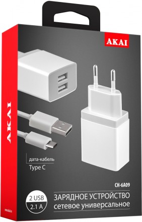 СЗУ Akai CH-6A09 2USB 2.1A + дата-кабель TypeC 2.1A White