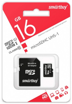Карта памяти MicroSD Smartbuy 16GB Class10 UHS-I с адаптером Black