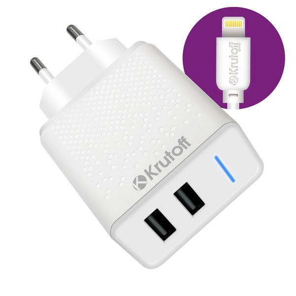СЗУ Krutoff CH-07L 2xUSB + дата-кабель Lightning 2.4A  White