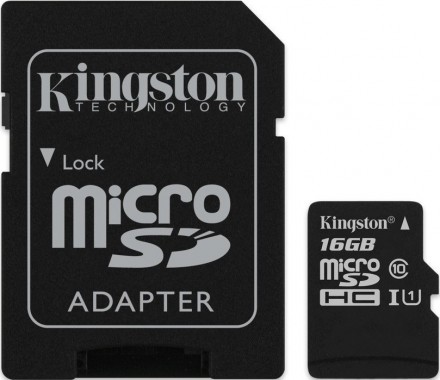 Карта памяти MicroSDHC Kingston 16GB Class10 UHS-I c адаптером SDCS/16GB Black