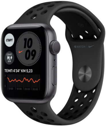 Часы Apple Watch Nike Series 6 GPS 44мм корпус из алюминия серый космос + ремешок черный (MG173RU/A)